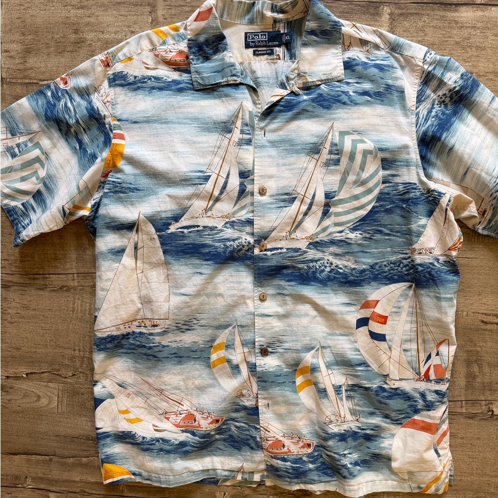 Polo Ralph Lauren Shirt Mens XL Hawaiian Loop Collar Sailboat Sailing Yacht AOP